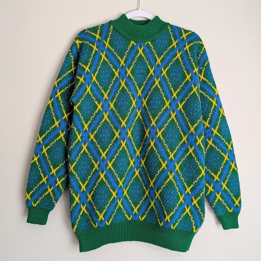 Vintage Handmade Sweater Multi Color Diamond Geometric Men's Women's Size Medium